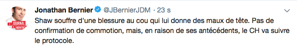 Andrew Shaw ne souffrirait pas d'une commotion ?
