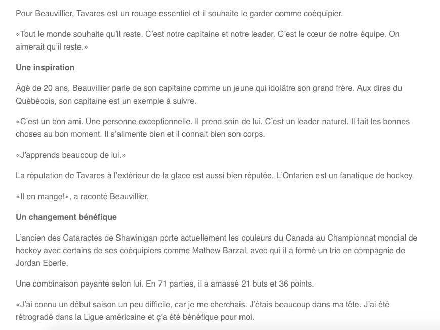 Anthony Beauvillier ne semble pas confiant pour son chum Tavares..