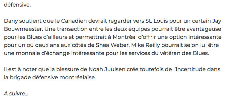 Au tour de Dany Dubé d'envoyer Jay Bouwmeester à Montréal.