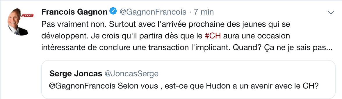 Au tour de Francois Gagnon de dire que c'est fini pour Hudon...