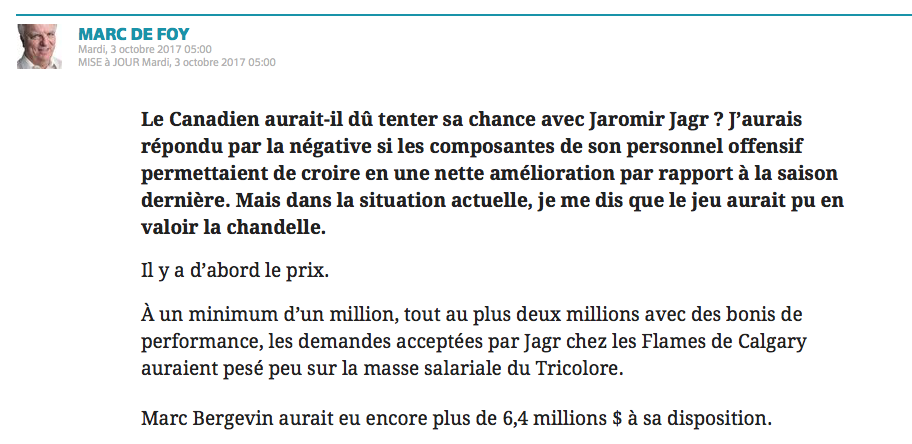 Au tour de Journal de Montréal de ne pas en revenir...Que Jaromir Jagr ne soit pas un HABS...