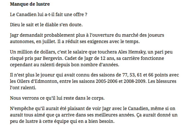Au tour de Journal de Montréal de ne pas en revenir...Que Jaromir Jagr ne soit pas un HABS...