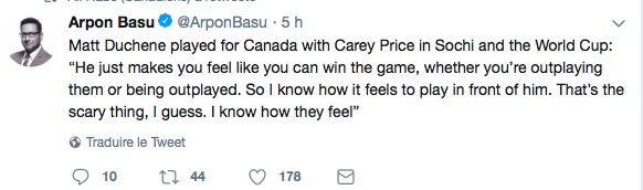 Avec les compliments de Matt Duchene sur Carey Price..