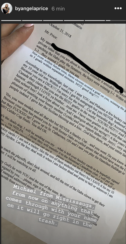 AYOYE...Carey Price reçoit une lettre d'insultes...