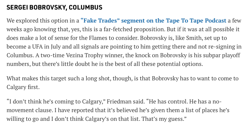 AYOYE...Charlie Lindgren, un candidat pour les Flames, selon Sportsnet...