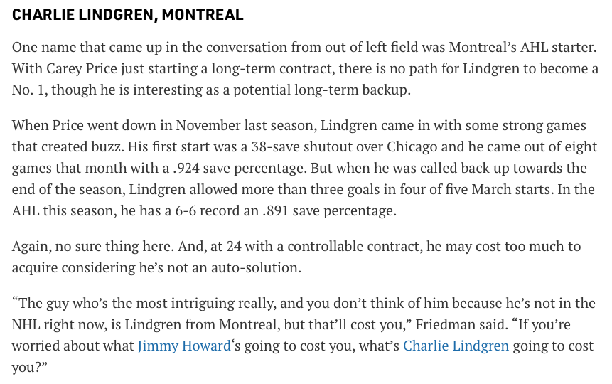 AYOYE...Charlie Lindgren, un candidat pour les Flames, selon Sportsnet...