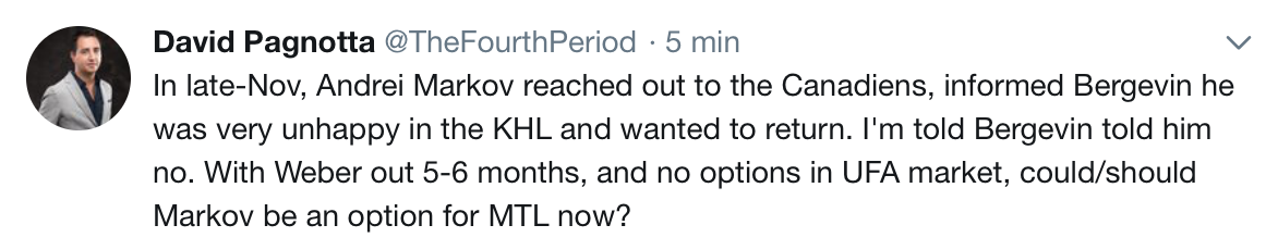 AYOYE...En novembre dernier, Andrei Markov, a appelé Marc Bergevin...