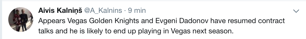 AYOYE...Evgeny Dadonov serait un membre des Golden Knights...