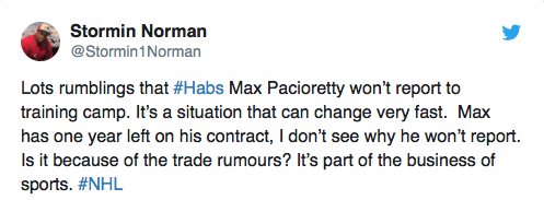 AYOYE...Max Pacioretty, ne se présenterait pas au camp...