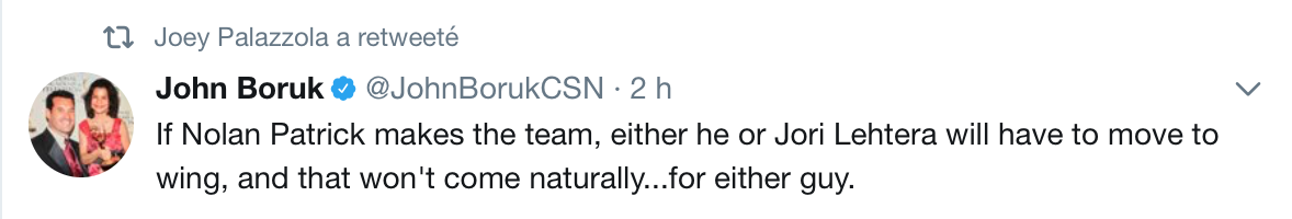 AYOYE...Nolan Patrick pourrait jouer à l'aile...