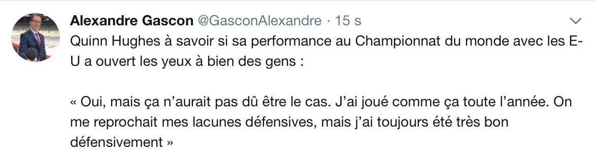 AYOYE...Quinn Hughes lance un message à Trevor Timmins...