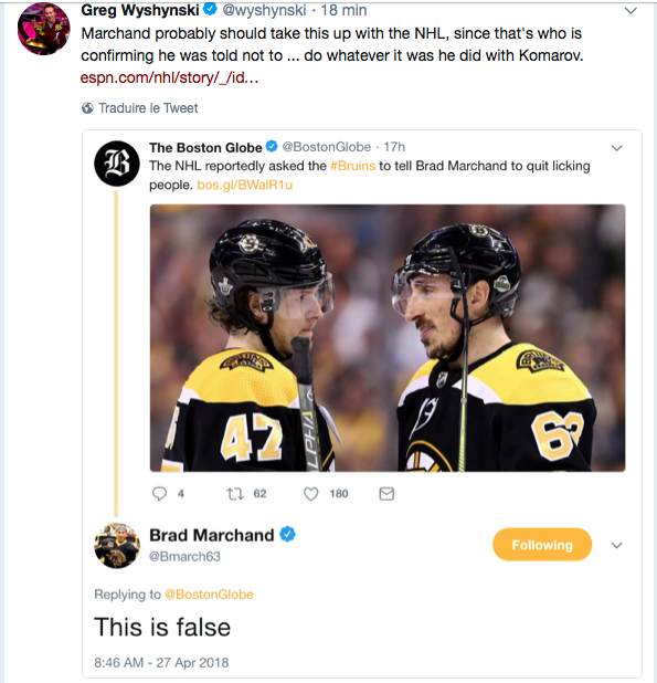 Brad Marchand veut continuer de FRENCHER des hommes....