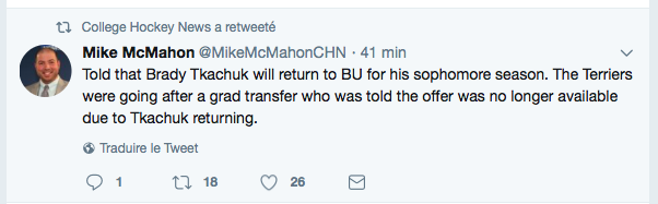 Brady Tkachuk vient d'annoncer qu'il retournera à l'université l'an prochain...​