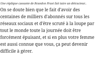 Brandon Prust n'accepte pas de se faire dire qu'il est un NO-NAME à côté de sa femme..