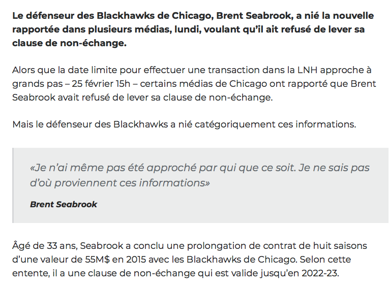 Brent Seabrook continue de traiter Elliotte Friedman de MENTEUR..