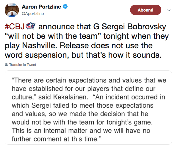 Ça sent la fin pour Bobrovsky à Columbus...