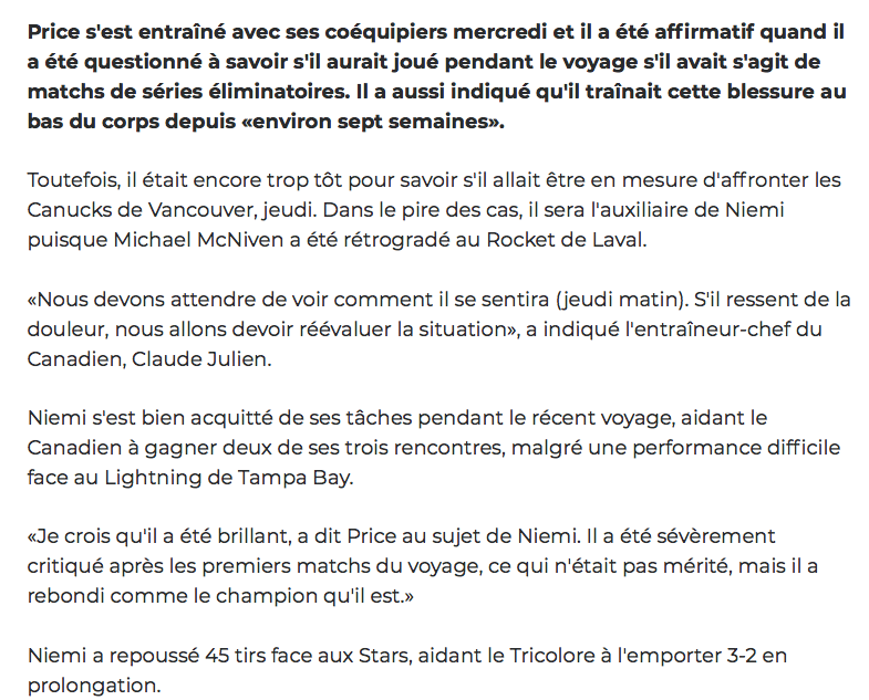 Carey Price BLESSÉ depuis 7 semaines...Carey qui va dormir..Carey le PROTECTEUR...