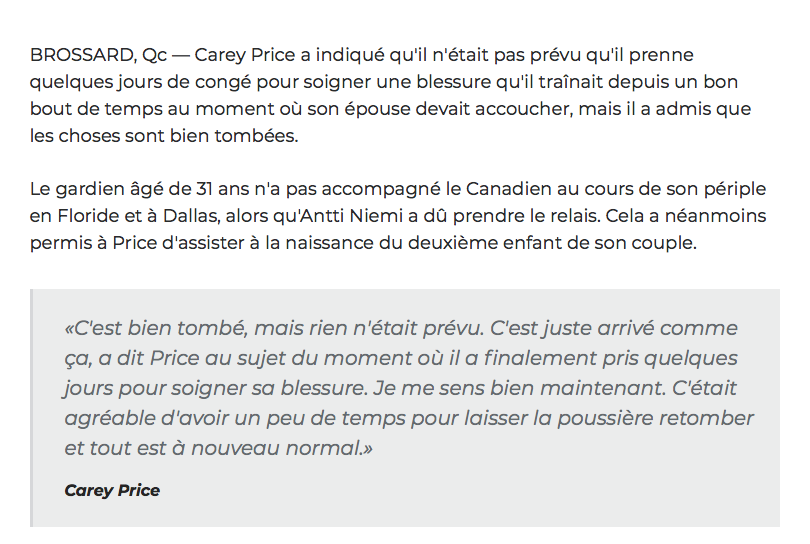 Carey Price BLESSÉ depuis 7 semaines...Carey qui va dormir..Carey le PROTECTEUR...