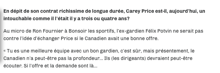 Carey Price devrait être échangé...selon....