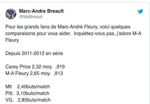 Carey Price est un MEILLEUR GARDIEN que Marc-André Fleury.