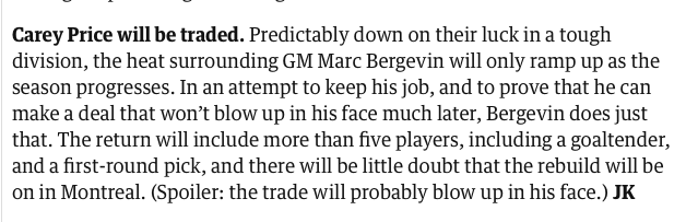 Carey Price sera échangé selon THE GUARDIAN...