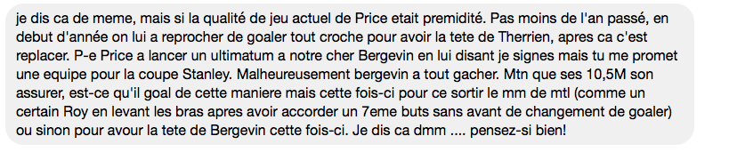 Carey Price serait en TABARN....de ne pas jouer ce soir...