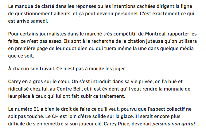 Carey Price: une NONCHALANCE PESANTE pour ses coéquipiers....