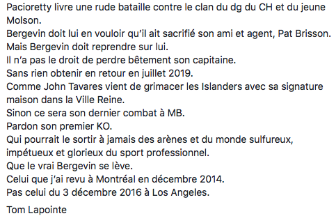 Ce texte de Tom Lapointe sur Marc Bergevin nous a donné des FRISSONS....