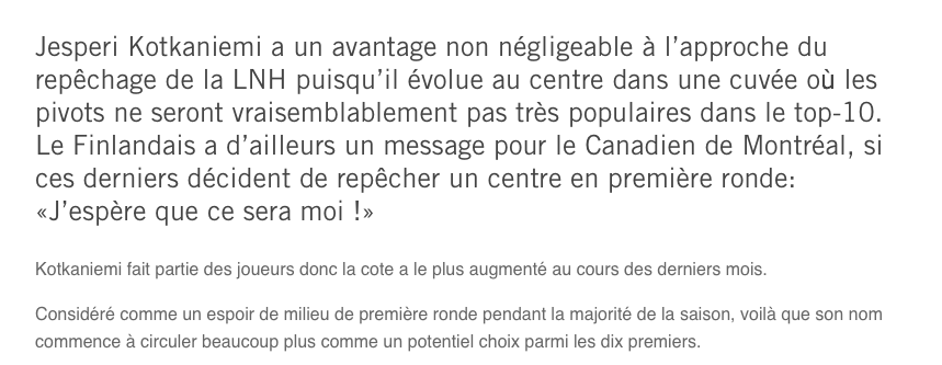 C'est bien beau que...Jesperi Kotkaniemi veuille jouer à Montréal...MAIS....