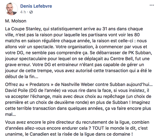  Cette lettre d'un partisan à Geoff Molson...Est devenue VIRALE...