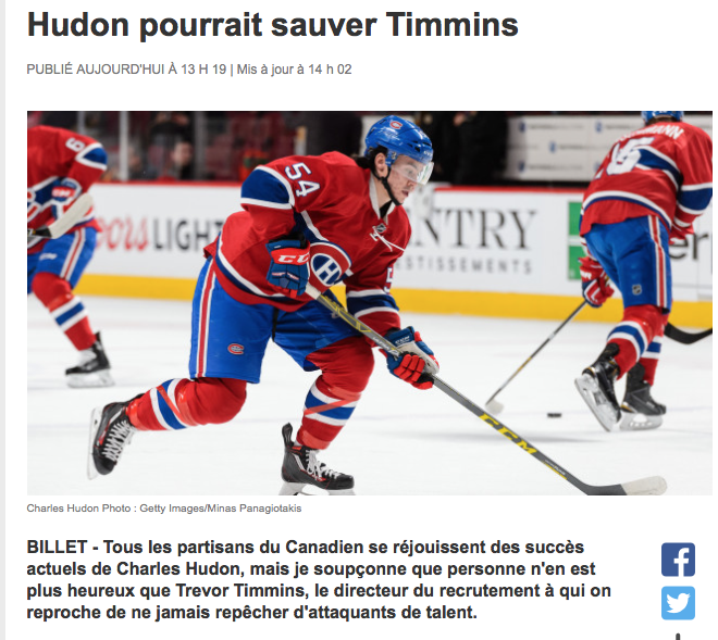 Charles Hudon en train de sauver Trevor Timmins...