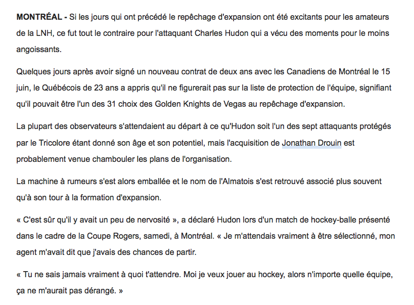 Charles Hudon était PERSUADÉ...Qu'il allait débarquer à Vegas...