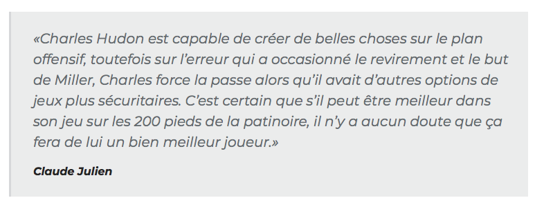 Charles Hudon VISÉ par Claude Julien...