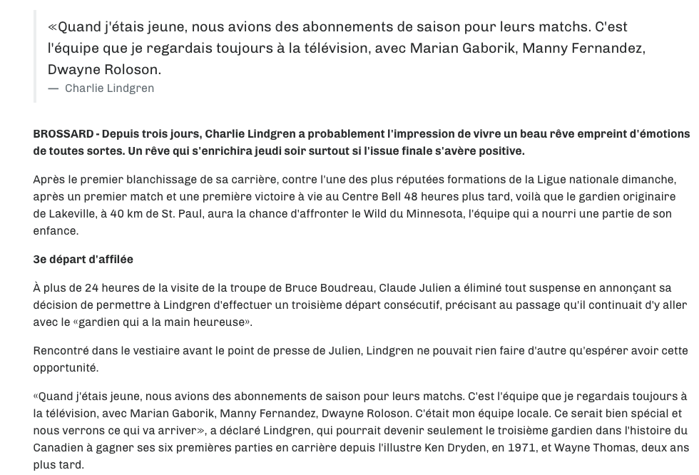 Charlie Lindgren lance un message à Carey Price..