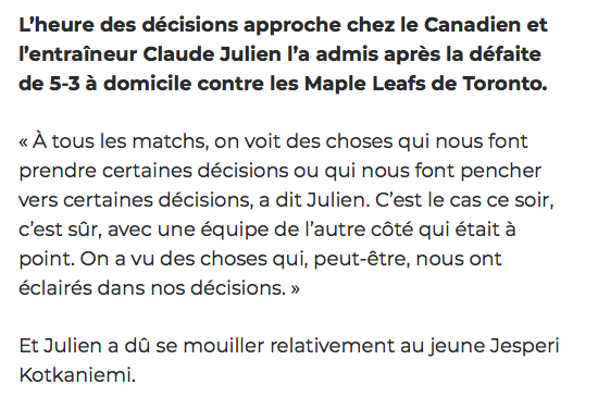 Claude Julien a déjà confirmé à Jesperi Kotkaniemi qu'il restait à Montréal..