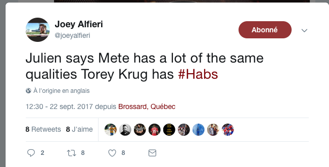 Claude Julien compare Victor Mete à Torey Krug...Après Hockey30...