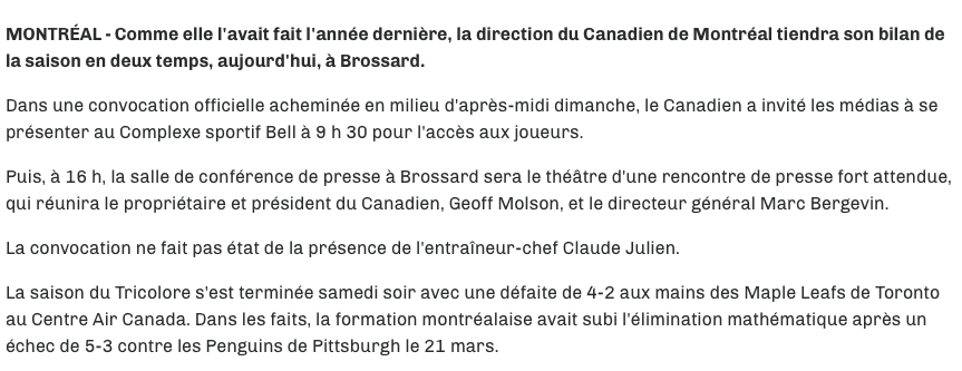 Claude Julien ne s'en ira pas à l'abattoir cet après-midi..