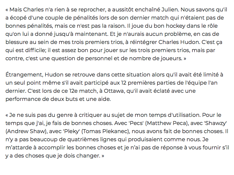 Claude Julien nous jure qu'il n'y a pas de problème entre lui et Charles Hudon...