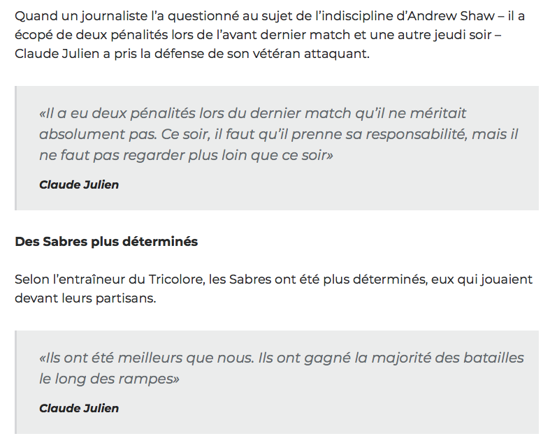 Claude Julien VISE Joel Armia pour sa pénalité...Mais protège Andrew Shaw....