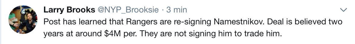 Contrat de deux saisons, pour Namestnikov ?
