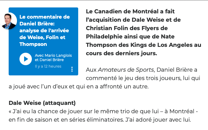 Daniel Brière est tout excité...Par les transactions de Marc Bergevin....