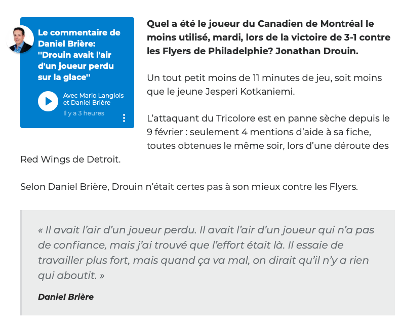 Daniel Brière traite Jonathan Drouin de JOUEUR PERDU....