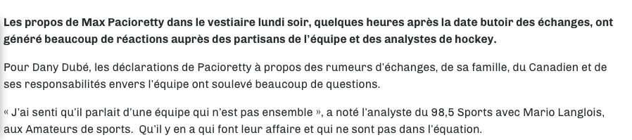 Dany Dubé est sans ÉQUIVOQUE...Max Pacioretty...a TRAHI le VESTIAIRE..