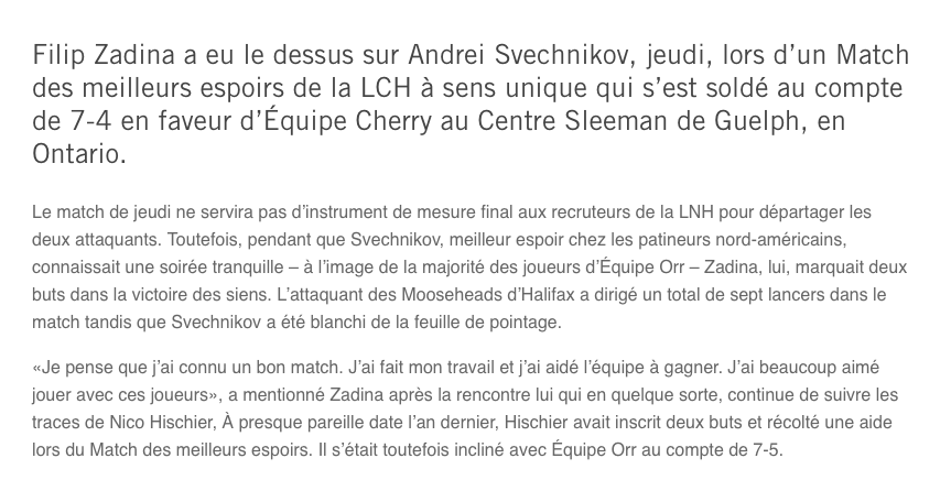 De quoi convaincre les Hurricanes...de prendre Zadina...