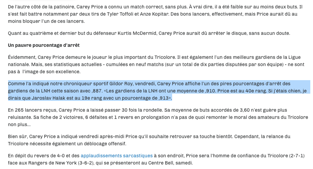 Depuis quand Gildor Roy est un CHRONIQUEUR SPORTIF...qui HUMILIE CAREY PRICE...