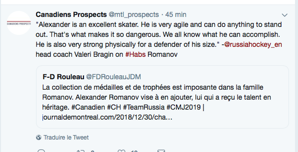 ​Des ÉLOGES pour Alex Romanov..