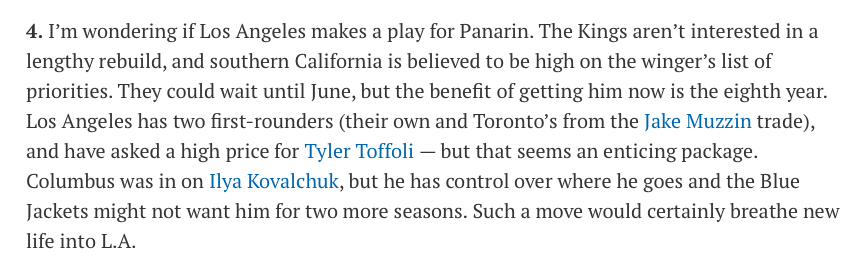 Elliotte Friedman fait rentrer les Kings...Dans le DERBY PANARIN...