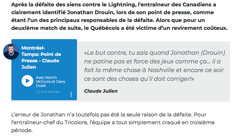 ENFIN...Claude Julien vise Jonathan Drouin publiquement...