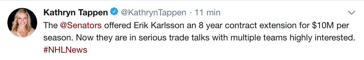 Erik Karlsson, a été insulté, que Ottawa lui offre moins d'argent que Doughty...