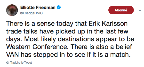 Erik Karlsson échangé dans les prochains jours?